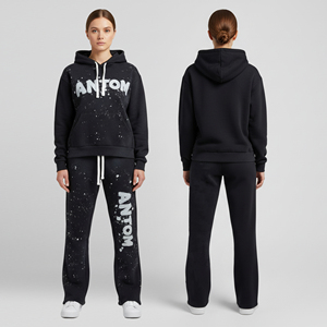 Custom Logo Splatter <b>Paint</b> Hoodie <b>Set</b> Unisex Oversized Streetwear 2 Piece Black Hoodie Sweatpants Acid Wash Tracksuit Wholesale - Product Image 1