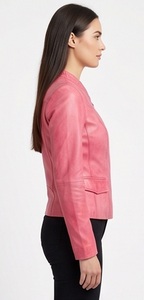 Wholesale Women Washed <b>Pink</b> Leather <b>Jacket</b> Asymmetric Zip Biker Coat Custom Quilted Collar Slim Fit Outerwear Supplier - Product Image 4