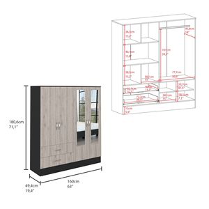 Armadio Bolton 160 a Sei Ripiani con Doppia Porta, Due Specchi, Due Cassetti, Grigio Chiaro/Nero Lucido, Guardaroba con Caratteristiche Eleganti - Product Image 3
