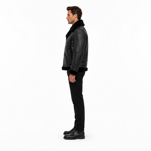 <b>Men's</b> Premium Matte Black Sheep Nappa Leather B-6 Aviator <b>Jacket</b> Wool <b>Shearling</b> Breathable Windproof Plus Size Autumn/Winter - Product Image 3