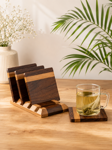 Premium Handmade Wooden <b>Coaster</b> Set of 4 Dual-Tone Walnut & Maple Finish Tea & Coffee Cup <b>Coasters</b> Non-Slip <b>Table</b> Decor - Product Image 3