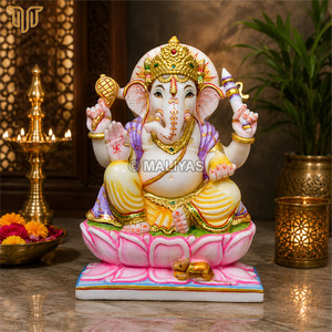 Idole artisanale en marbre du Dieu Ganesha sur socle de lotus, figurine de 12 pouces pour la décoration de la maison, du temple ou des lieux religieux hindous - Product Image 1