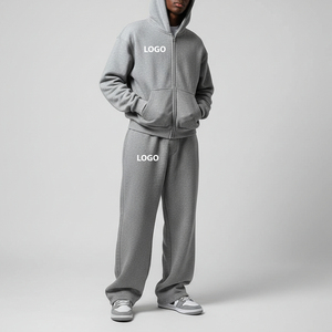 Custom Logo Vintage Winter Streetwear Zip Tracksuits 220g 100% Cotton Midweight Hoodie Sweatpants Pullover 2 Piece Set - Product Image 1
