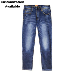 Jeans de Hombre Estilo Vintage Personalizados, Azul Oscuro Lavado, Corte Ajustado, Bordado, Pantalones de Mezclilla Sostenible, Diseño de Bolsillo Trasero - Product Image 1
