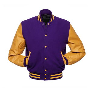 Blouson universitaire unisexe violet avec manches en laine dorée, col montant, patchwork, personnalisable, vente en gros - Product Image 1