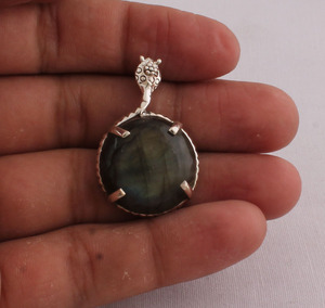 Colgante Redondo de Labradorita Hecho a Mano con Engaste de Plata de Ley 925, Estilo Bohemio Vintage, Piedra Brillante en Forma de Lágrima, Collar de 18 Pulgadas - Product Image 2
