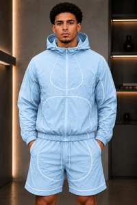 Conjunto de cortavientos ligero con capucha y cremallera completa para hombre, con pantalones cortos a juego, ropa deportiva para exteriores - Product Image 6