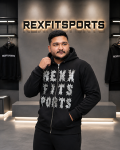 REXFITSPORTS 2026 Sweat à capuche zippé personnalisé noir avec motif, unisexe, en polaire, style streetwear, avec grand imprimé frontal, personnalisable - Product Image 2
