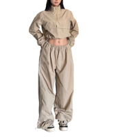 Ensemble coupe-vent personnalisé pour femme : veste courte zippée à moitié, pantalon parachute large avec cordon de serrage, style sport streetwear color block