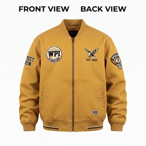 Veste universitaire haut de gamme 350 GSM en Spandex/Polyester Jaune moutarde avec écusson chenille personnalisé et broderie directe au fil, imperméable - Product Image 1