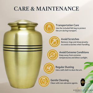 Urne funéraire en métal brossé doré pour adultes |   Bandes noires au design classique |   Mémoireurale écologique durable de 220 pouces cubes - Product Image 5