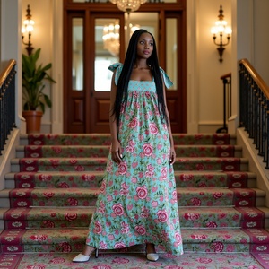 Vestido Maxi con estampado floral turquesa para niñas jóvenes Motivo floral femenino Correa de pajarita Estilo de verano aireado Cintura natural tejida - Product Image 3