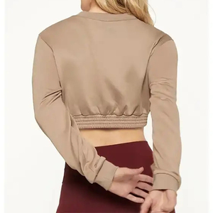 Women Crew Neck <b>Crop</b> <b>Top</b> Full Sleeve Loose Fit Solid Color 100% Cotton Breathable Casual Autumn Wear - Product Image 3