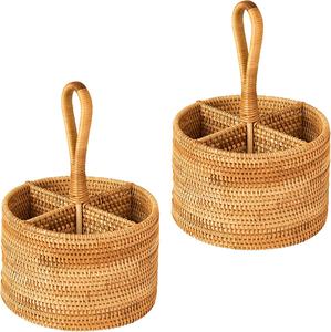 Handwoven Rattan Caddy with 4 Divided Compartments - Desktop Organizer Basket with <b>Tall</b> Handle for Household <b>Storage</b> - Product Image 1