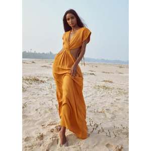 Vestido Maxi de Verano para Mujer, Color Naranja, Cuello en V Profundo, Corte Entallado, Estilo Playero, 100% Algodón Ecológico, Estampado Floral - Product Image 2