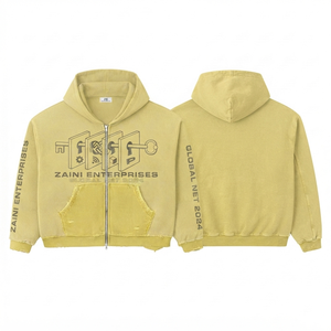 Sweat à capuche zippé pour homme, 350 grammes, en molleton de coton et polyester de qualité supérieure, épais, coupe classique, beige délavé, hiver, logo personnalisé brodé - Product Image 1