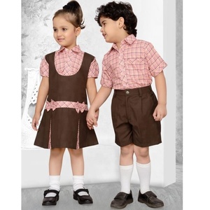 Conjunto de Uniforme Escolar Primario para Niños, Vestido a Cuadros de Algodón Tejido y Pantalones Cortos, Camisa Azul para Niños y Niñas - Product Image 2