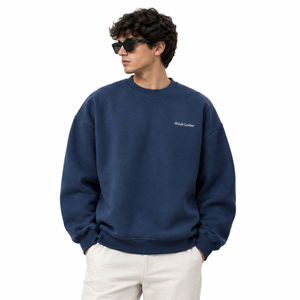 Customize Men's Regular Fit Crew Neck <b>Sweatshirt</b> Solid <b>Navy</b> Blue Embroidered Logo Casual Knitted 100% Cotton Eco-Friendly Winter - Product Image 1