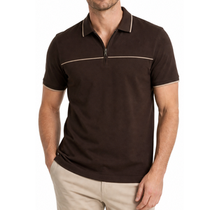 Polo marrón premium con ribete beige, camisa con cremallera de un cuarto para hombre, jersey deportivo de golf de secado rápido - Product Image 1
