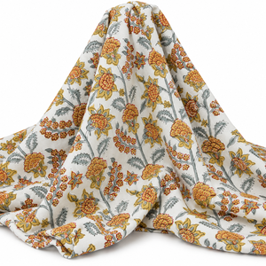 Tissu en voile de coton peigné 60S/60S léger, imprimé à la main par bloc, motif feuillage jaune et bleu, collection Pinksa Fashion 90 - Product Image 3