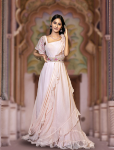 Elegant Pink Chiffon Straight Evening Gown Scoop Neck Asymmetric Ruffles Floor-Length <b>Natural</b> Sequined Embroidery Beading - Product Image 2