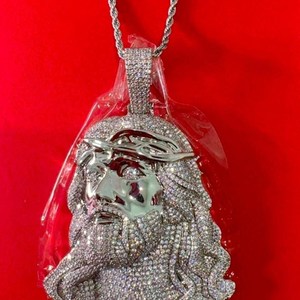 <b>Iced</b> <b>Out</b> Jesus Face Pendant Necklace Silver Plated Cubic Zirconia Pave Setting Men's Religious Hip Hop Style Rope <b>Chain</b> Jewelry - Product Image 2