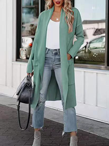 Cardigan à manches longues pour femmes, couleur unie, ouvert sur le devant, avec poches, pull tricoté décontracté, longueur complète, sans col, vêtements d'hiver - Product Image 6