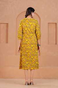 Mustard Floral Print Cotton V-Neck <b>Three</b> Quarter Sleeve Casual Fit Flare Midi Dress Maternity Feeding Gown Pockets Daily Wear - Product Image 2