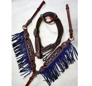 Conjunto de cabezada, pechopetral y riendas de cuero occidental, cómodo y duradero, con incrustaciones de cuentas, flecos marrones y conchos de cristal, para caballos LLT - Product Image 1