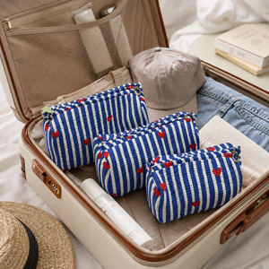 Ensemble de 3 trousses de maquillage matelassées à fermeture éclair, brodées de rayures bleues, en coton, pour femmes, pour les voyages - Product Image 4