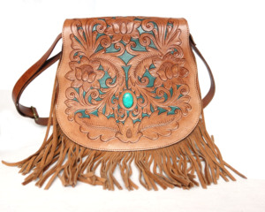 Bolso Bandolera Vintage de Cuero Genuino con Panel Frontal con Grabado a Mano de Personajes, Patrón de Bordado con Tachuelas Turquesa y Borla, para Verano - Product Image 2