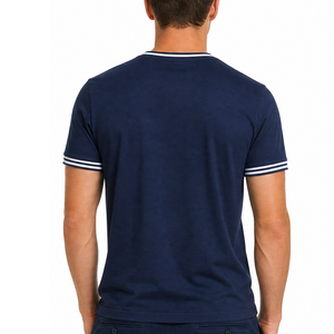 Custom OEM Men Short Sleeve T-Shirt <b>White</b> Double Tipped Cuffs Navy Blue Crewneck Casual Streetwear <b>Tee</b> - Product Image 4