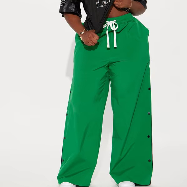 Private Label Unisex Green Wide Leg Snap Side Pants Casual Sport Trousers Manufacturer Men's Pants & Trousers