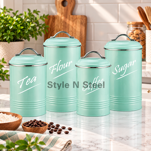 Ensemble de boîtes de conservation alimentaire en métal vert menthe, hermétiques, avec revêtement poudré, rondes, pour organiser la cuisine - Product Image 1