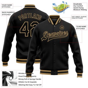 Custom Sublimation Uniform Black <b>Old</b> Gold Bomber Varsity Letterman <b>Jacket</b> Full Snap Button Casual Fashion Sports Outerwear - Product Image 2