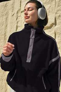 Women's Hooded Oversized Black Half Zip Pullover Long Sleeve Casual Streetwear Loose Fit <b>Fleece</b> <b>Sweatshirt</b> Front for Daily Wear - Product Image 5