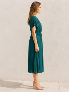 Robe de Cocktail Midi Solide de Qualité Supérieure pour Femme, Couleur Verte, Col Rond, Manches Courtes Volantées, Taille Élastique, Coupe Trapèze - Product Image 4
