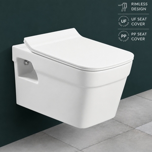 WC mural KROMA moderne et écologique, sans bride, carré, monobloc en porcelaine, réservoir encastré, chasse d'eau par siphon, siphon en P, espacement 380 mm - Product Image 3