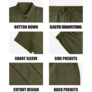 Ensemble chemise et short pour homme, vert olive, manches courtes, couleur unie, vêtements décontractés d'été, col rabattu, tissu polyester respirant - Product Image 5