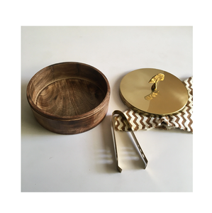 Mango Wood brass Chapati Box Store Box Warmer Casserole <b>Kitchen</b> Home Decor Round Roti with lid and <b>tongs</b> - Product Image 1