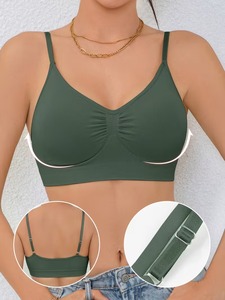 Women Seamless Sports Bra Adjustable Spaghetti Straps V <b>Neck</b> Ruched Front <b>Padded</b> Bralette Workout Yoga Crop Top - Product Image 6