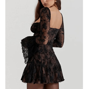 Midnight Lace Bell Sleeve Mini Dress Gothic Glamour Sheer Floral Lace Fit and Flare Noir Floral Sheer Mesh Mini dress - Product Image 2