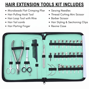 Kit d'outils d'installation d'extensions capillaires avec pinces à micro-anneaux, aiguille courbée pour la séparation des mèches, pinces de sectionnement et peigne à queue - Product Image 2