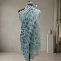 Sarong en coton imprimé à la main motif floral bleu aqua, bordure rayée, léger, écharpe de plage, 1 pièce, logo avant, pour femme