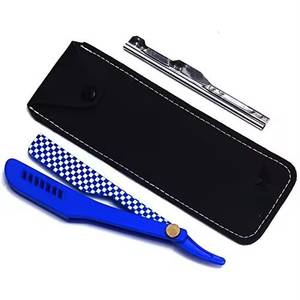 Morje Surgical Stainless Steel <b>Single</b> <b>Blade</b> <b>Razor</b> with Blue Checkered Handle Black Case for Men's Face Shaving (Barber Shop Use) - Product Image 2
