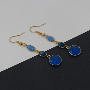 Pendientes Colgantes Bohemios con Flor de Calcedonia Azul Tinta y Topacio Azul de Londres |   Anillo de Oro de 18K con Corte Checker Hecho a Mano - Product Image 4