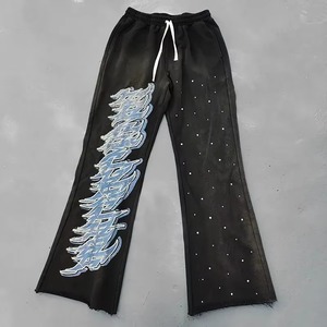 Custom Men's Casual Mid Waist Stone Wash Cotton Blend Drawstring Closure Flared Breathable Sweatpants Wide Leg Embroidery - Product Image 1