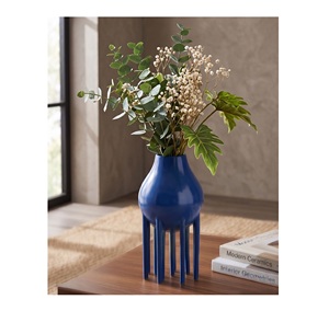 Modern Blue Metal Flower <b>Vase</b> with Tripod Stand Decorative Iron Tabletop <b>Vase</b> for Home Decor <b>Unique</b> Luxury Centerpiece Floral Po - Product Image 1