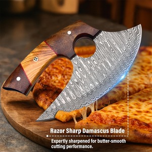 Cuchillo Ulu de Damasco hecho a mano con funda de cuero - Cuchillo de espiga completa - Mango de madera - Picador de verduras y picador de pizza - Product Image 5
