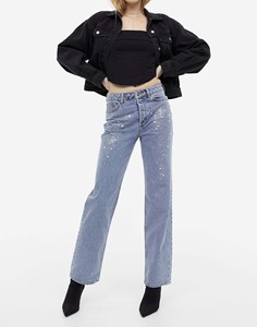 Pantalon en jean respirant pour femme, OEM, décontracté, taille haute, classique, avec poches, coupe large - Product Image 1